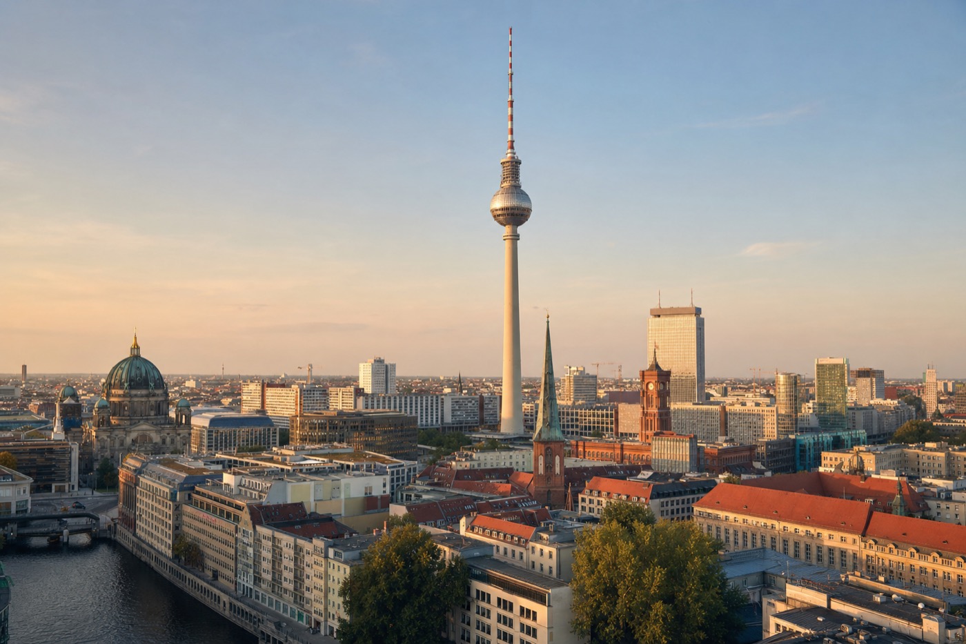 Skyline von Berlin mit Fernsehturm, Berliner Dom und Spree im Abendlicht